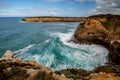 Ocean bay with strong waves. View near London Bridge. Famous stop on the Great Ocean Road. Scenic landscape. Victoria, Australia