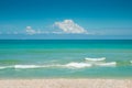 Ocean beach. Ocean background. Blue sky with white fluffy cloud. Atlantic Ocean. Summer vacation. Turquoise color of salt water. Royalty Free Stock Photo