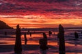 Ocean Beach Dramactic Sunset and Red Sky Water Refleection