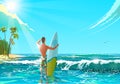 Ocean Beach Illustration. Athletic man standing on the beach with surfboard. Funny character man