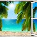 Ocean beach and palm trees landscape window view from tropical hotel room.Summer travel or vacation concept. Royalty Free Stock Photo