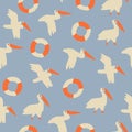 Ocean beach pelicans and lifebuoy seamless pattern in vector.