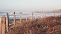 Ocean beach sandy dunes, California coast flora. Trail path, wooden boardwalk.