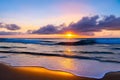 Ocean beach sunrise and wave crashing.