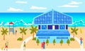 Ocean beach vacation at summer, vector illustration, hotel at tropical sea, people man woman character travel at resort