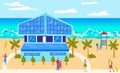 Ocean beach vacation at summer, vector illustration, hotel at tropical sea, people man woman character travel at resort