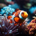 Ocean beauty Vibrant clown fish navigate a lively coral environment