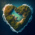 Ocean birds eye view little tropical island heart shape. Illustration Generative AI