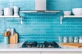 ocean blue subway tiles in a kitchen