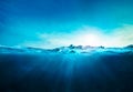 Ocean blue underwater waves with sun beam clear view realistic, world oceans day banner Royalty Free Stock Photo