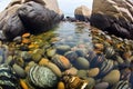 ocean-bottom boulders covered with mussels