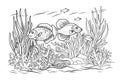 Ocean bottom coloring page with fish and algae. Sea life coloring book