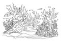 Ocean bottom coloring page with fish and algae. Sea life coloring book