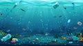 Ocean bottom with plastic garbage. Different kind of garbage floats in the water. Environmental protection, underwater Royalty Free Stock Photo