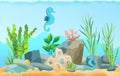 Ocean bottom, seabed with marine plants and animals. Underwater world with sea horses and seaweed Royalty Free Stock Photo