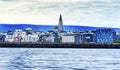 Ocean Breakwater Cityscape Hallgrimskirkja Church Reykjavik Iceland