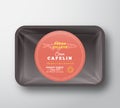 Ocean Capelin Fillets. Abstract Vector Plastic Tray with Cellophane Cover Packaging Design Round Label or Sticker. Retro