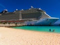 MSC Seashore cruise ship docked at tropical island Ocean Cay, Bahamas Royalty Free Stock Photo