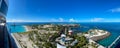 An aerial panorama view of the lighthouse and beach of MSC Cruise Lines private island Ocean Cay, Bahamas Royalty Free Stock Photo