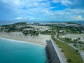 An aerial view of the lighthouse and beach of MSC Cruise Lines private island Ocean Cay, Bahamas Royalty Free Stock Photo