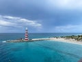 An aerial view of the lighthouse and beach of MSC Cruise Lines private island Ocean Cay, Bahamas Royalty Free Stock Photo