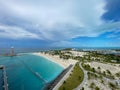 An aerial view of the lighthouse and beach of MSC Cruise Lines private island Ocean Cay, Bahamas