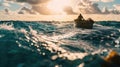 Ocean Cleanup, team collecting plastic waste, open ocean with a cleanup vessel, ocean blues and plastic rainbow, wetsuit