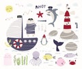 Ocean clipart set, bear pirate, ship, lighthouse