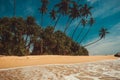 Ocean Coast with coconut palm trees. Tropical vacation, nature background. Soft wave on wild deserted untouched beach. Paradise id Royalty Free Stock Photo