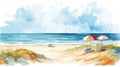 Ocean coast landscape. Watercolor illustration with sun protection umbrellas on beach sand. Sea travel and resting