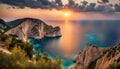 Ocean coastline landscape view at sunset, Zakynthos island Royalty Free Stock Photo