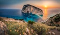 Ocean coastline landscape view at sunset, Zakynthos island