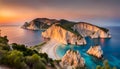 Ocean coastline landscape view at sunset, Zakynthos island