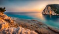 Ocean coastline landscape view at sunset, Zakynthos island Royalty Free Stock Photo