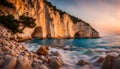 Ocean coastline landscape view at sunset, Zakynthos island