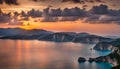 Ocean coastline landscape view at sunset, Zakynthos island