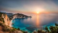 Ocean coastline landscape view at sunset, Zakynthos island Royalty Free Stock Photo