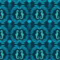 Ocean colorful Seahorses and Jellyfish seamless pattern, blue turquoise colors. Sea animals wallpaper damask style. Royalty Free Stock Photo