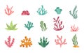 Ocean coral reef, cartoon underwater plants set. Simple summer diving, floral sea stickers, tropical doodle silhouettes