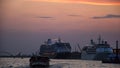 Ocean cruise ships approaching Venice, Italy at sunset