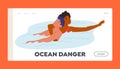 Ocean Danger Landing Page Template. Woman Lifeguard Rescues Drowning Man, Displaying Strength, Courage