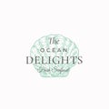 Ocean Delights Seafood Abstract Vector Sign, Symbol or Logo Template. Elegant Hand Drawn Scallop Shell Sillhouette Royalty Free Stock Photo