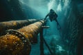 Ocean Depths: Diver Beside an Underwater Pipeline Royalty Free Stock Photo