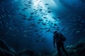 Ocean depths, scuba diver explores, fish shoal dance surrounds