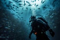 Ocean depths, scuba diver explores, fish shoal dance surrounds