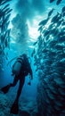 Ocean depths, scuba diver explores, fish shoal dance surrounds