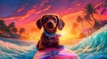 ocean dog vacation surfer summer funny wave puppy beach animal. Generative AI.