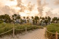 Ocean Drive in Miami Beach at sunset. City skyline with palm trees at dusk. Art deco on South beach Royalty Free Stock Photo