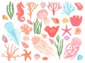 Ocean elements. Cartoon seaweeds, corals, seashells and reef animals. Sea starfish, seahorse and jellyfish. Nautical