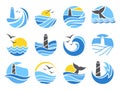 Ocean emblem. Sea waves with seagulls, lighthouse icon and whale tail silhouette vector illustration set Royalty Free Stock Photo